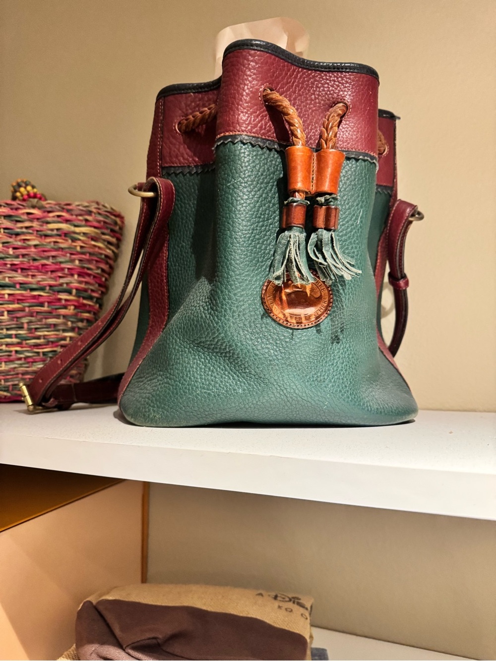 Leather Two-Tone Drawstring Bucket Bag - Green & Burgundy